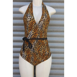 KUSHCUSH Kush Cush by Kerry Cushman leopard one piece plunge Swimsuit SMALL